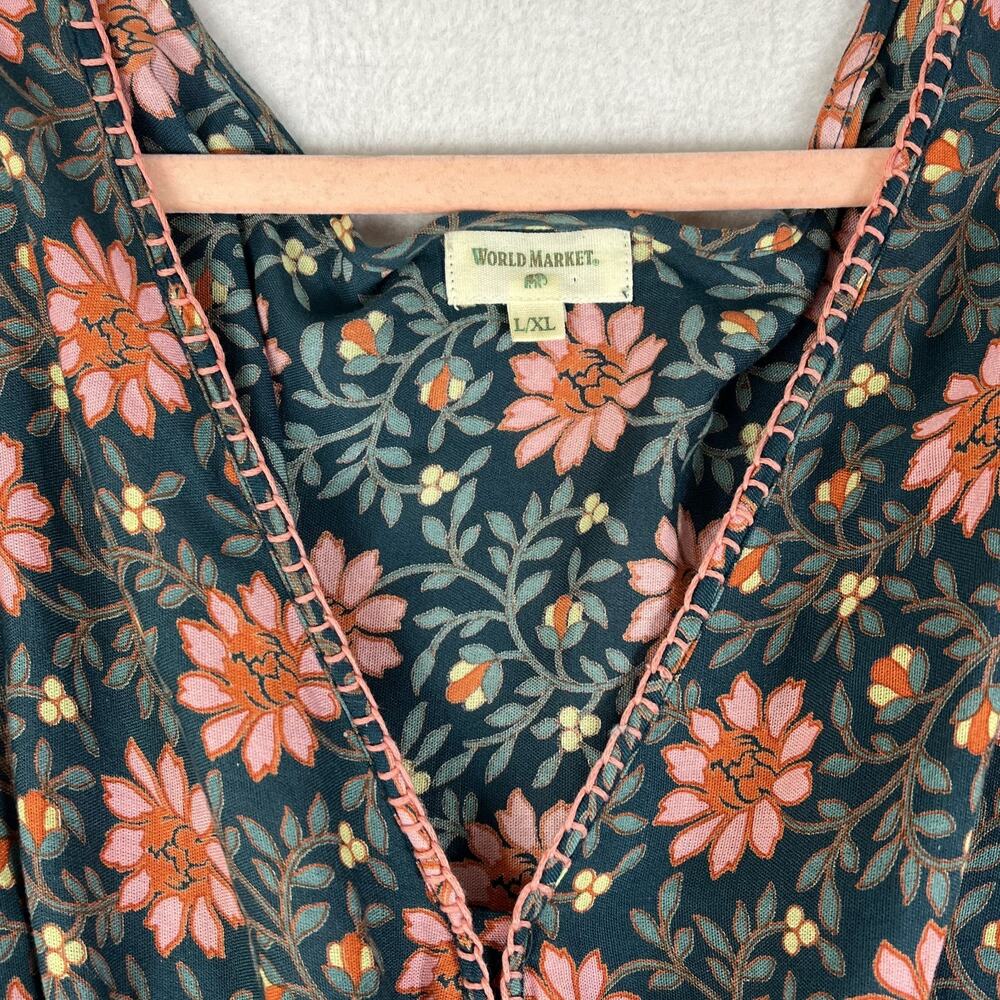 World Market Maxi Dress Women's Size Large Blue/Pink Floral V-Neck Flared Sleeve - Picture 4 of 12